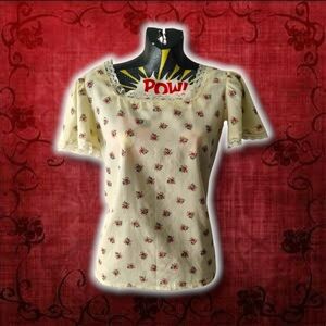 60s Vintage Coquette Dollette Cream Floral Lacy Dainty Milkmaid Babydoll Top
